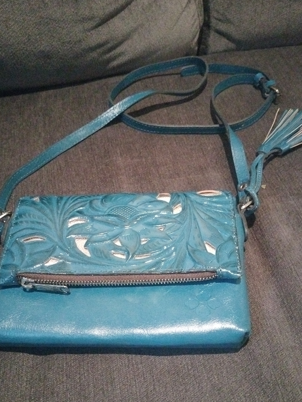 Patricia Nash Teal Tooled Leather Crossbody with Tassel Accent